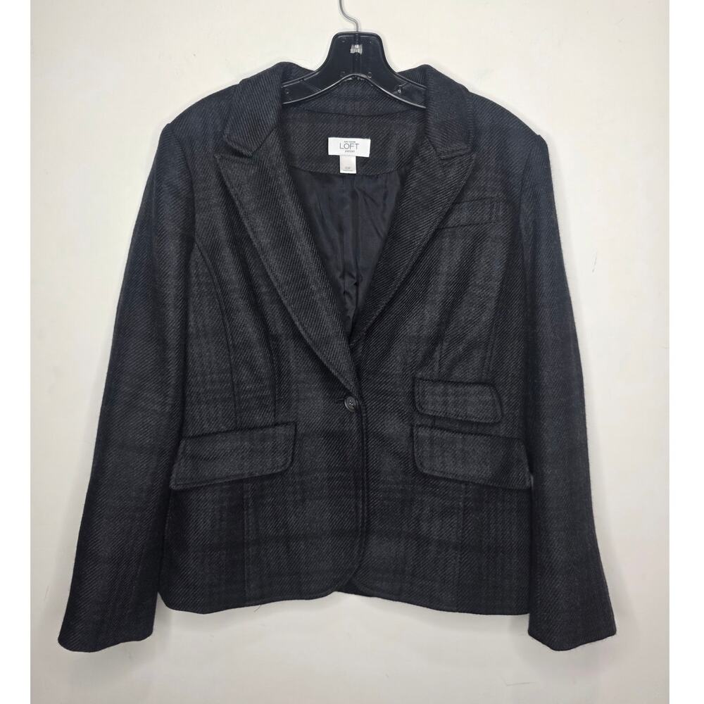Ann Taylor Loft black grey plaid wool blend blazer jacket - 10 petite 10P career